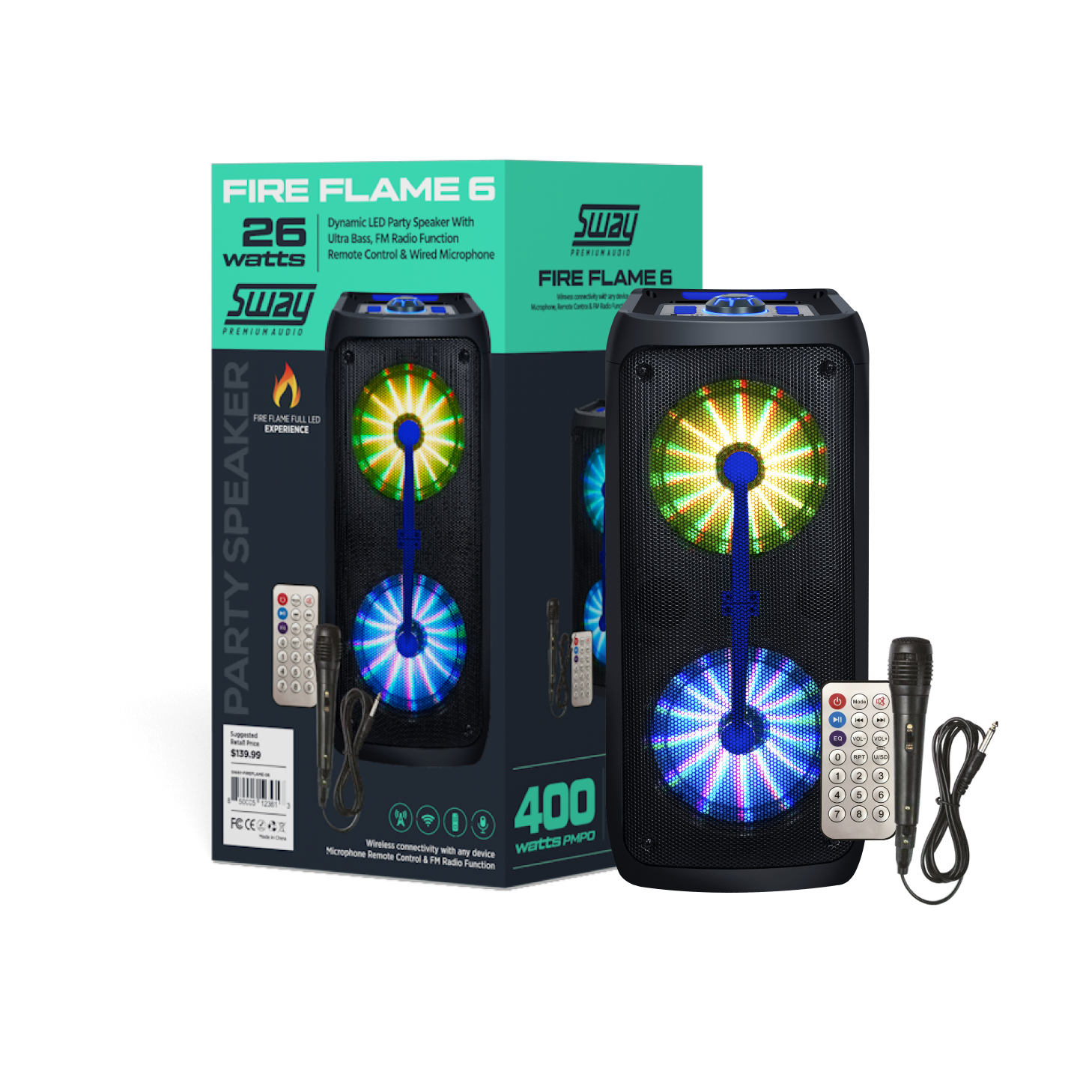 Fire Flame 6 | Karaoke Party Speaker | Full Motion LED / Wired Mic / Remote