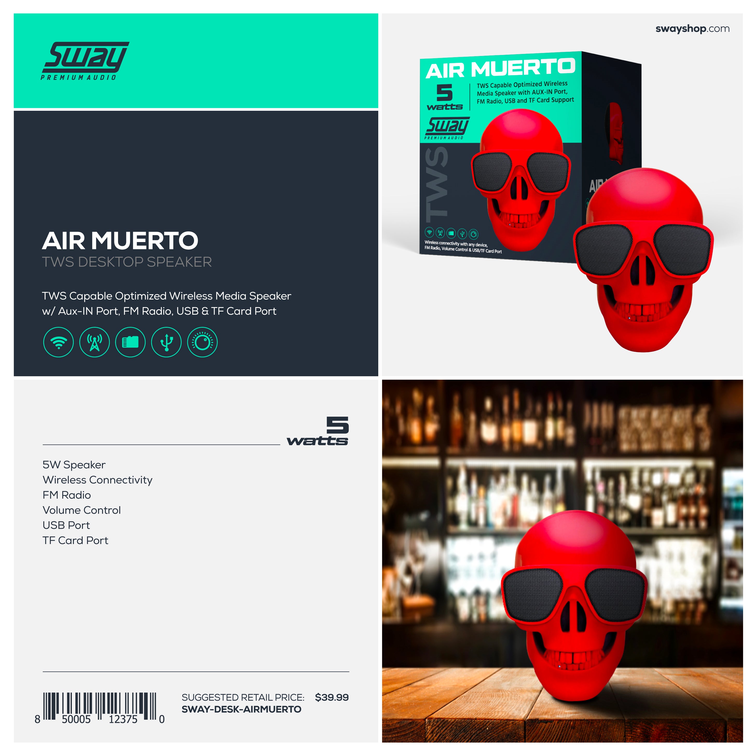 Air Muerto | Desktop Portable Skull TWS Capable | Bluetooth 5.0 | SWAY