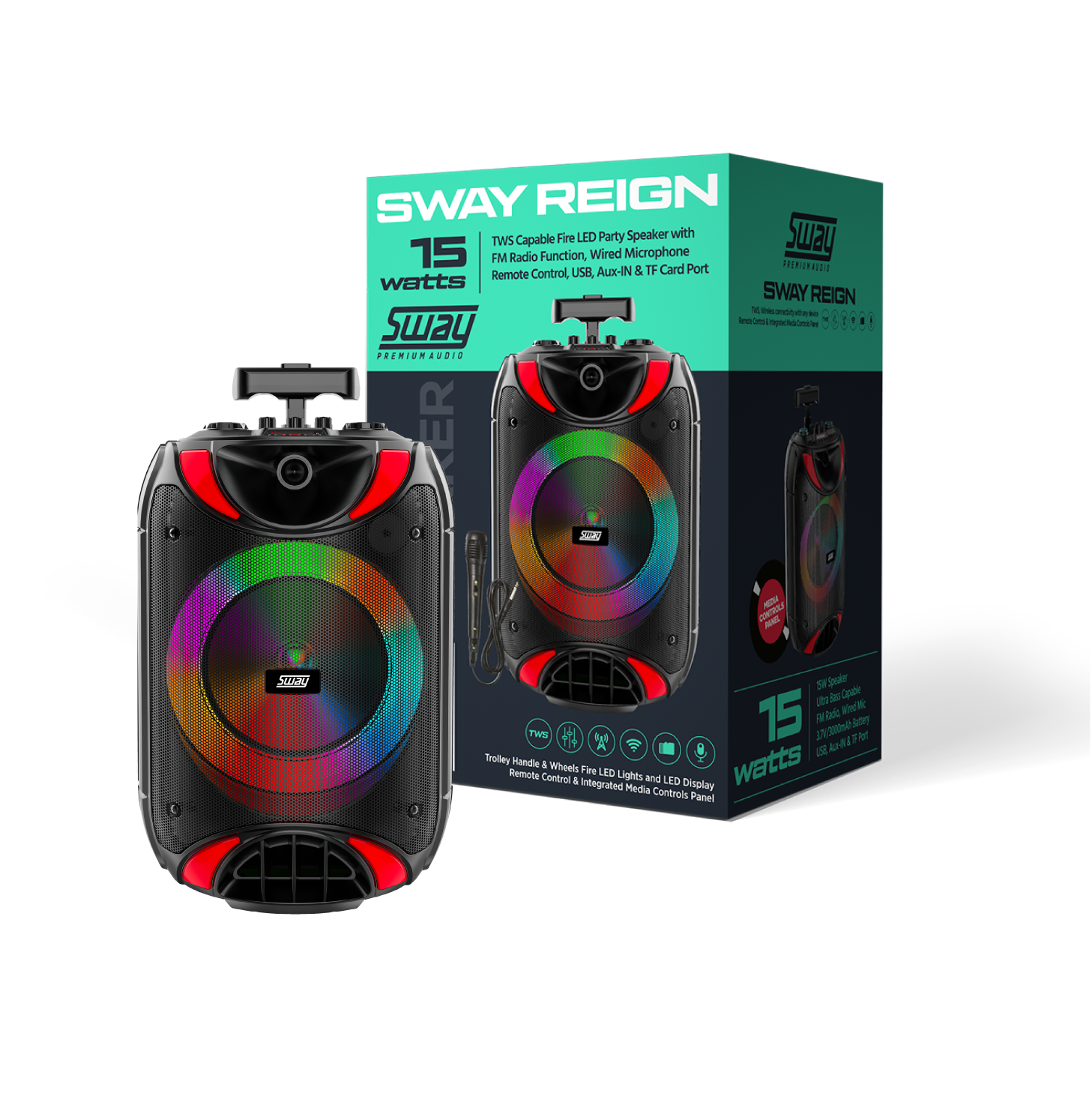 SWAY Reign | Portable Karaoke Speaker | Microphone and Full Motion LED | 15 Watts