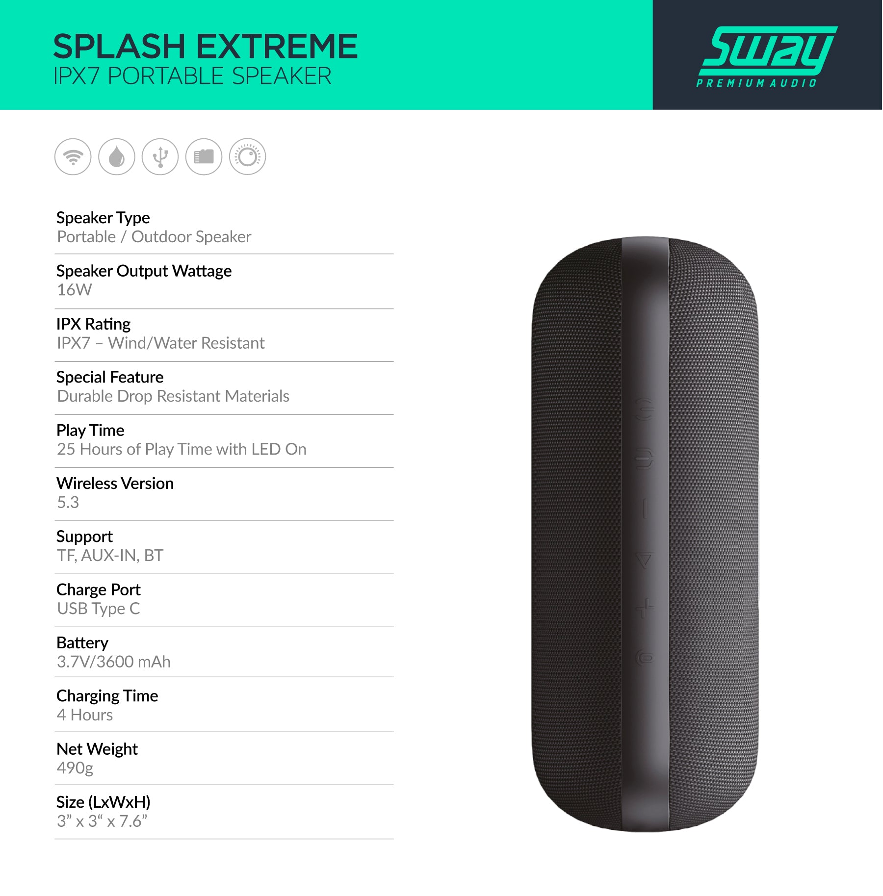 Splash Extreme Speaker | IPX7 Waterproof | Extended Battery Life Drop Resistant