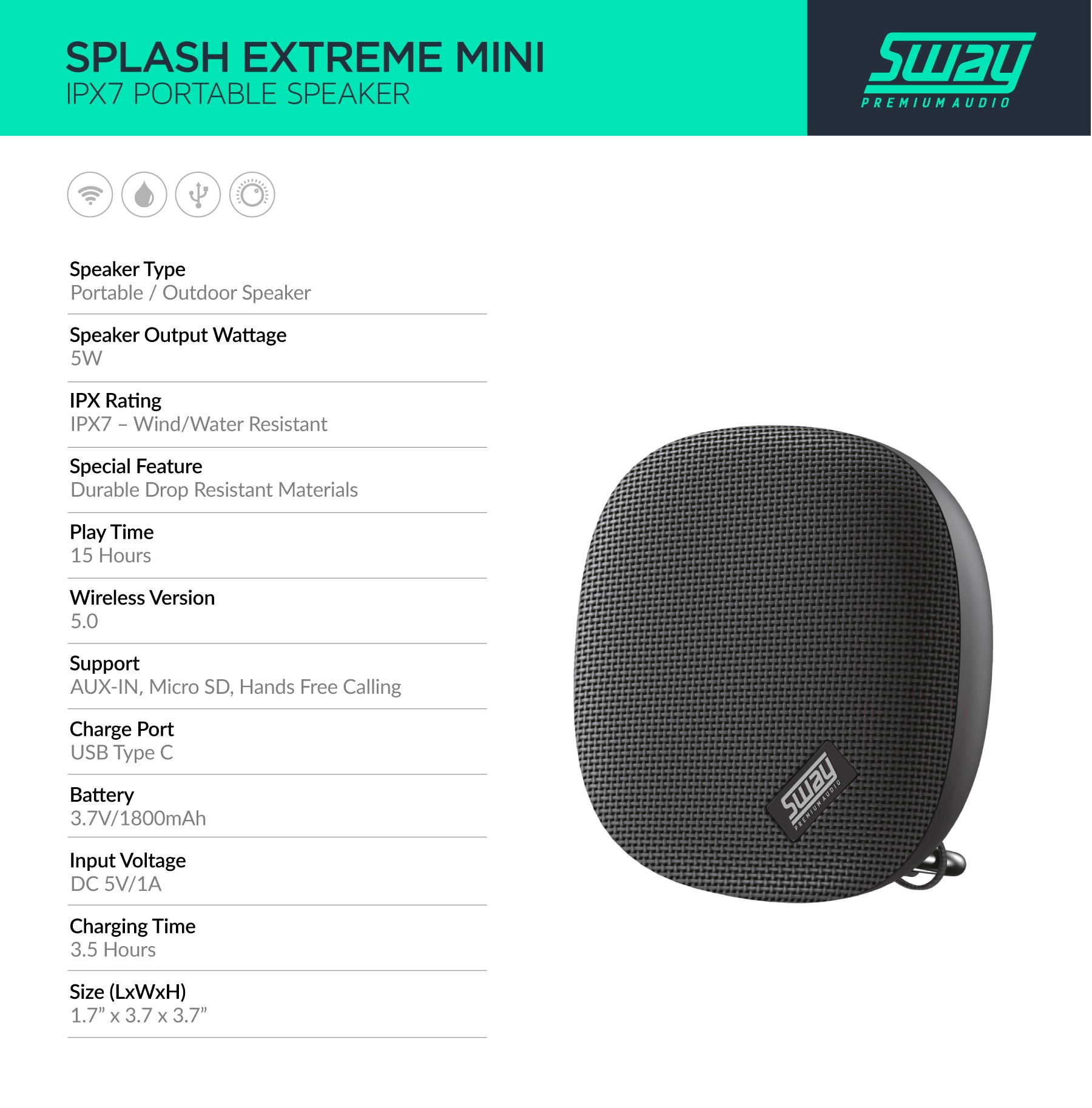 Splash Extreme Mini | IPX7 Ultra Portable | Drop Resistant Speaker | 5 Watts