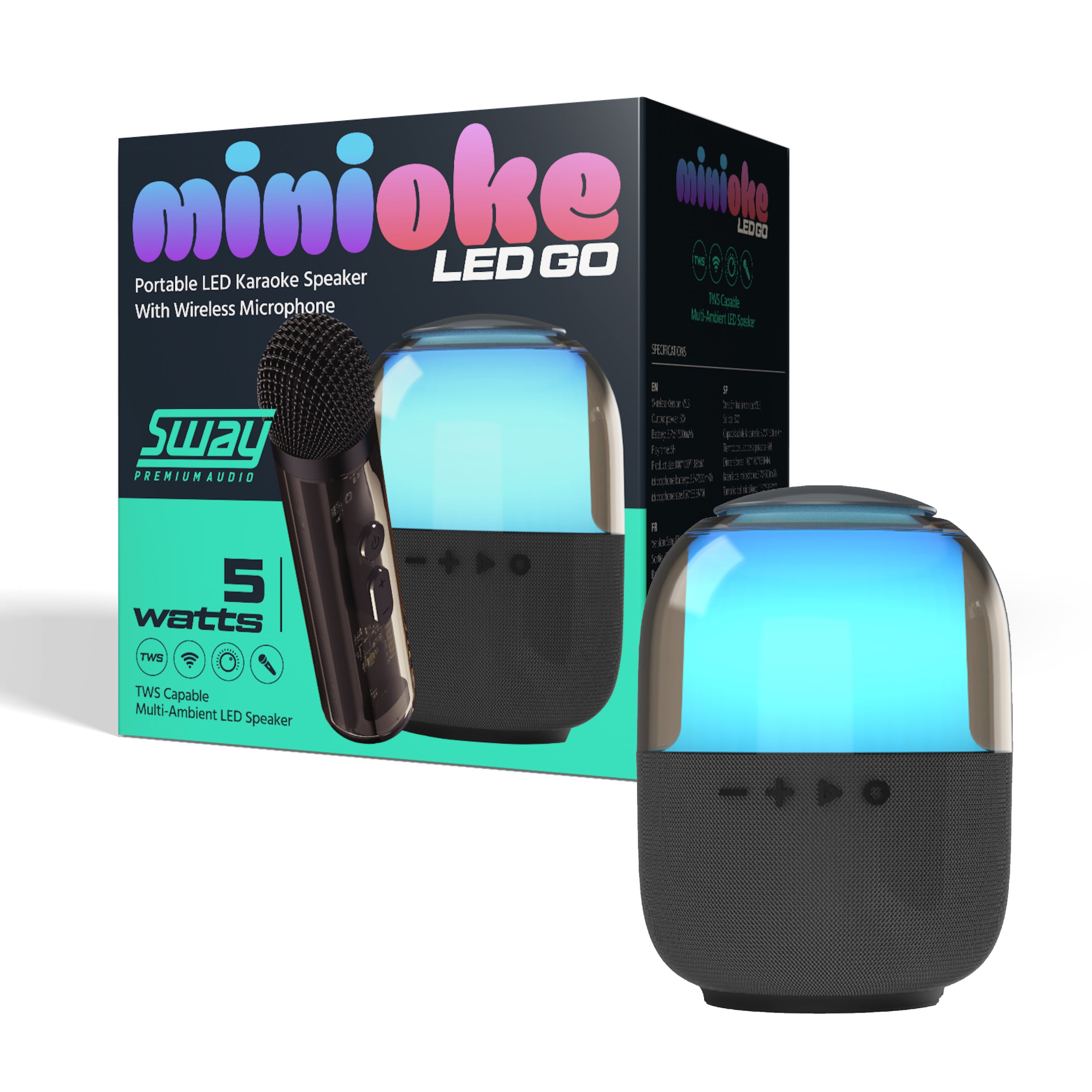 SWAY Minioke LED Go I 5 Watt Multi-Ambient Portable Karaoke Speaker I Includes Wireless Microphone