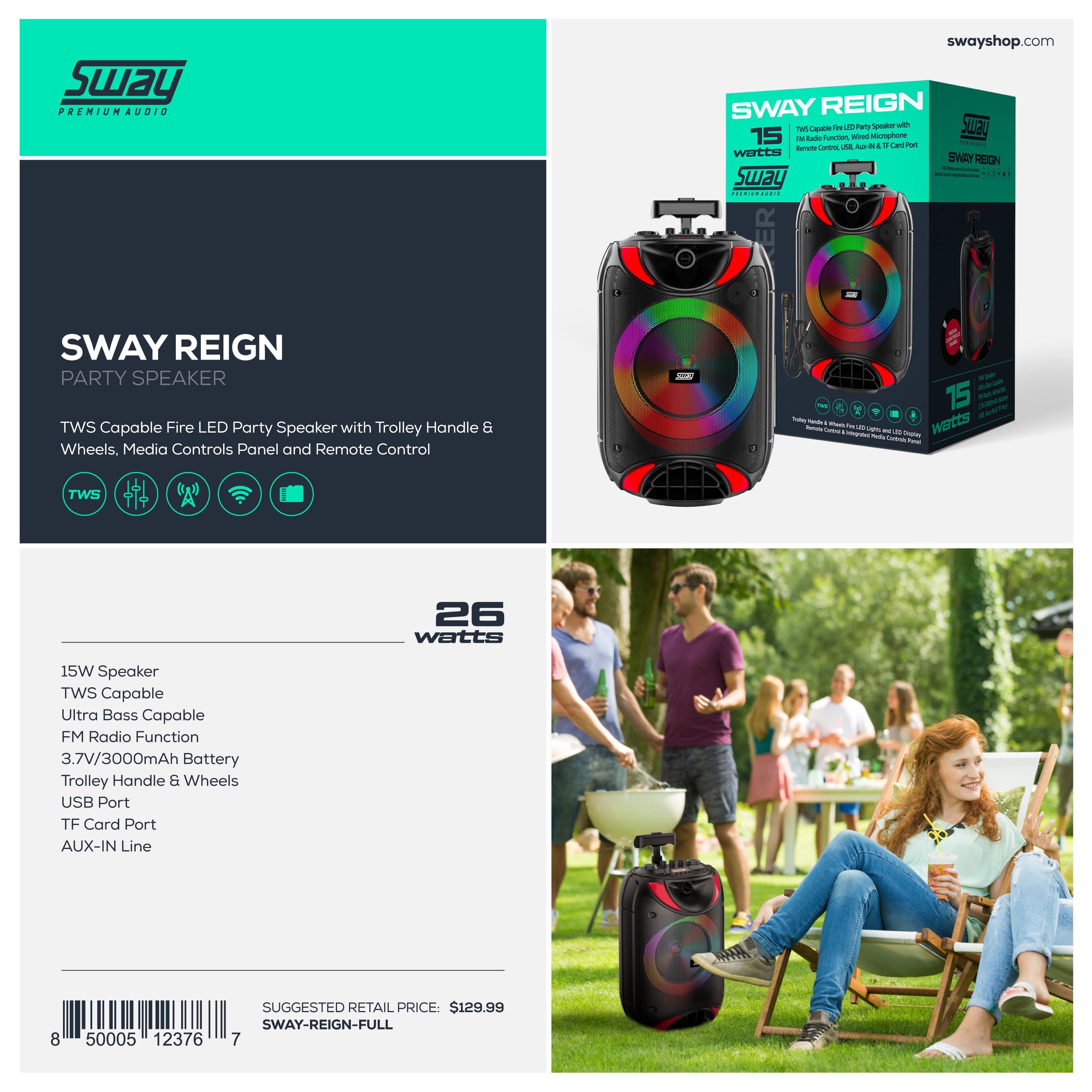 SWAY Reign | Portable Karaoke Speaker | Microphone and Full Motion LED | 15 Watts