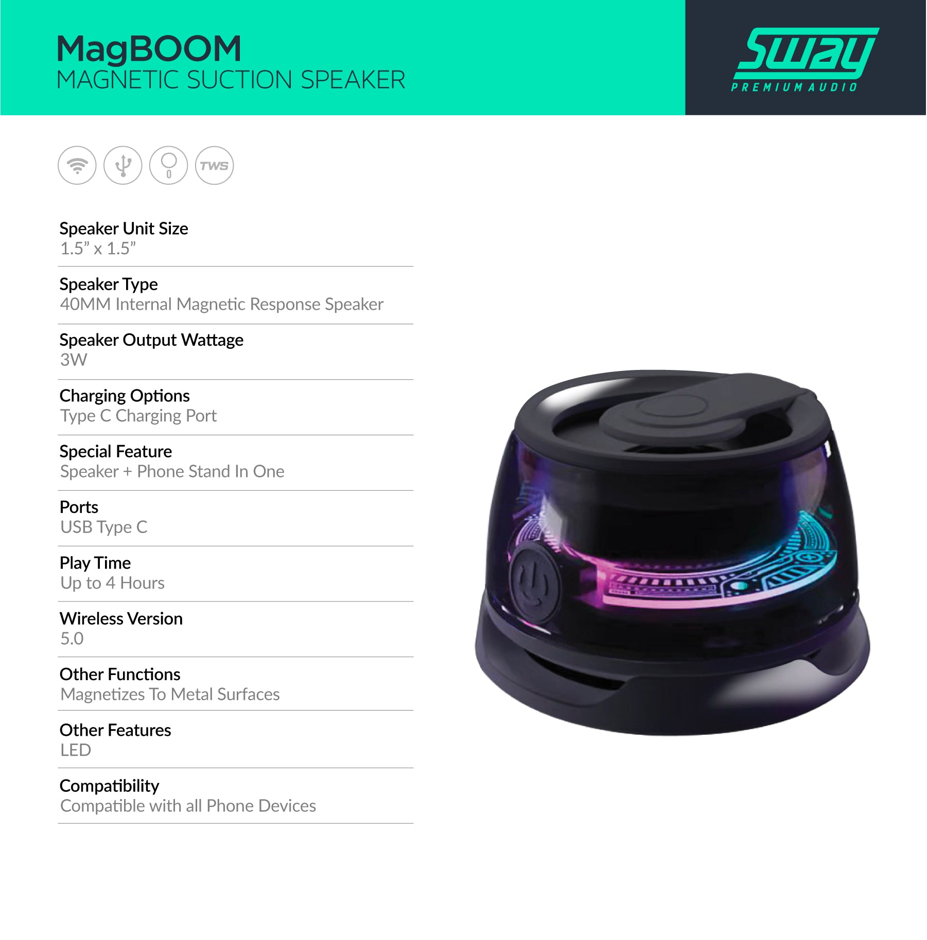 MagBOOM LED | MagSafe Magnetic Suction Portable Speaker + Phone Stand | 3 Watts