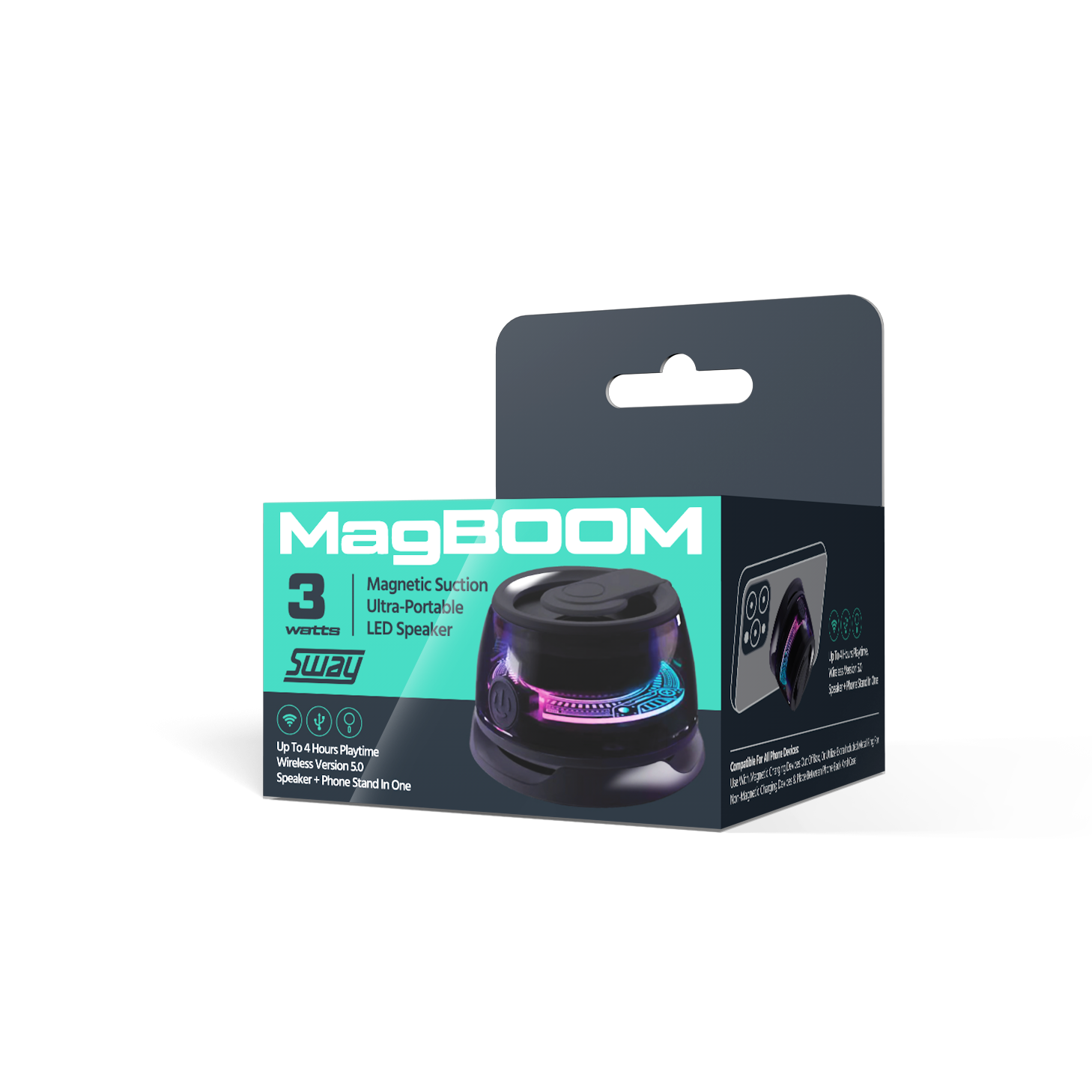 MagBOOM LED | MagSafe Magnetic Suction Portable Speaker + Phone Stand | 3 Watts