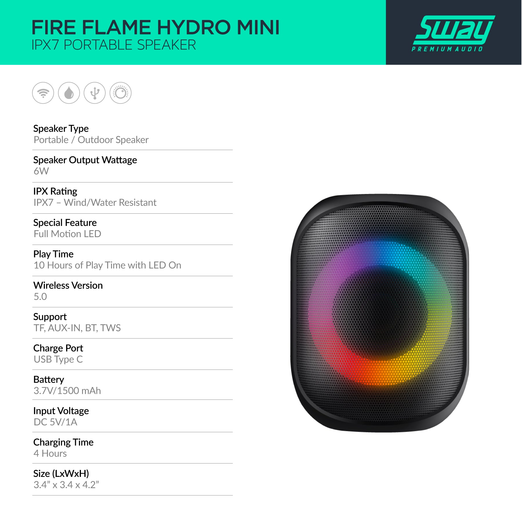 Fire Flame Hydro Mini | IPX7 Waterproof Full Motion LED | 6 Watt Speaker